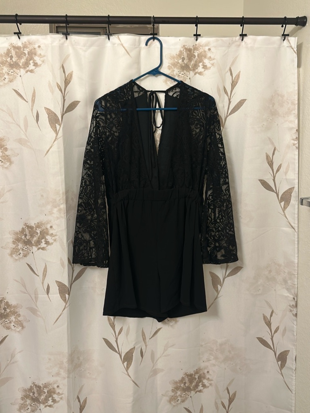 Charlotte Russe Black Lace Long Sleeve Romper with Tie Back